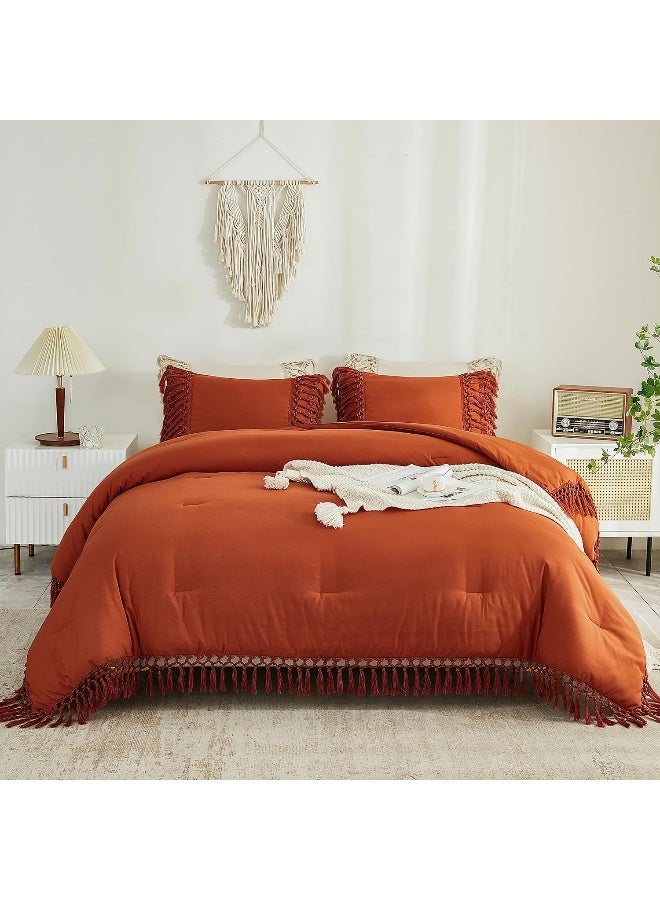 Andency Queen Comforter Set Burnt Orange, 3 Pieces Boho Terracotta Lightweight Fall Bedding Comforter Sets, Tassel Rust Bed Set (90x90In Comforter & 2 Pillowcases) - Image 5